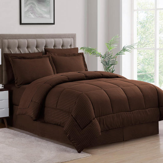 "Ultimate Twin Comforter Set with Complete Bedding Package - Includes Bed Skirt, Sheets, Pillowcases, and Pillow Sham - Luxurious Dobby Chocolate Design"