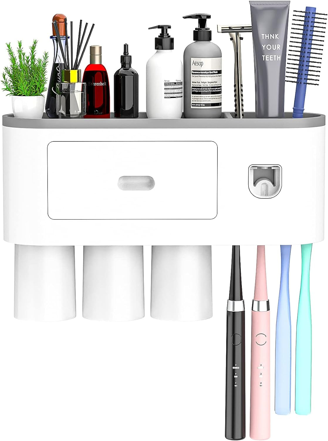 "Convenient Toothbrush Holder with Automatic Toothpaste Dispenser and Magnetic Cup - Perfect Bathroom Organizer for Kids - Grey"